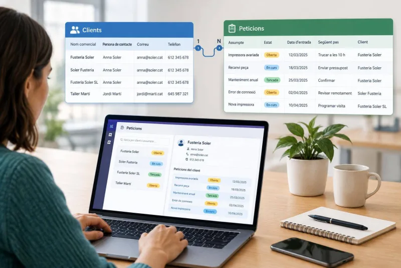 Una fitxa de client per a cada petició: relaciona taules a Dataverse